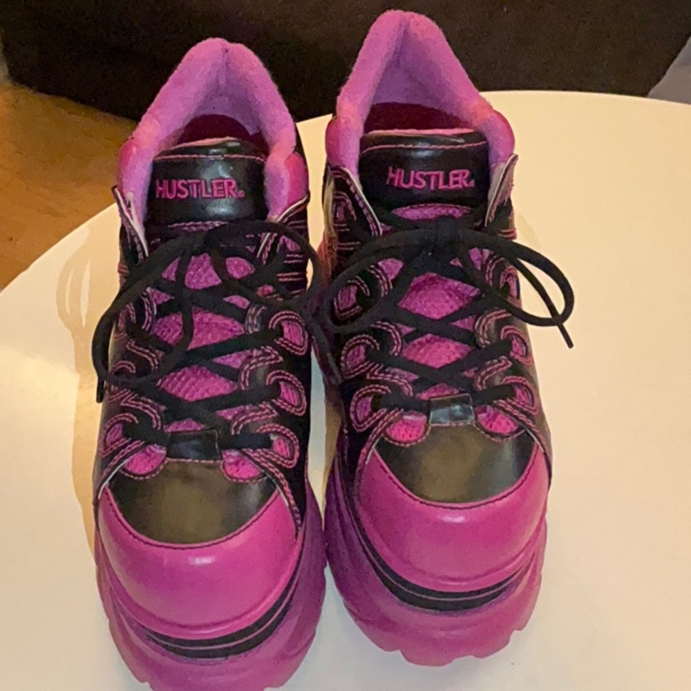 Hustler Hollywood Dolls Kill Vibrant Pink and Black Platform Sneakers - Picture 6 of 6